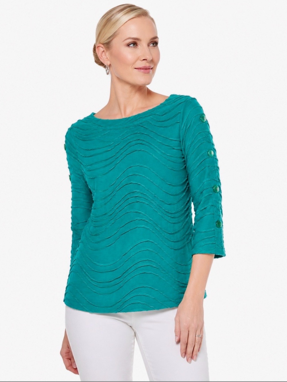 Thomas & Olivia Kelly Green Textured Wave 3/4 Sleeve Top NWT Small